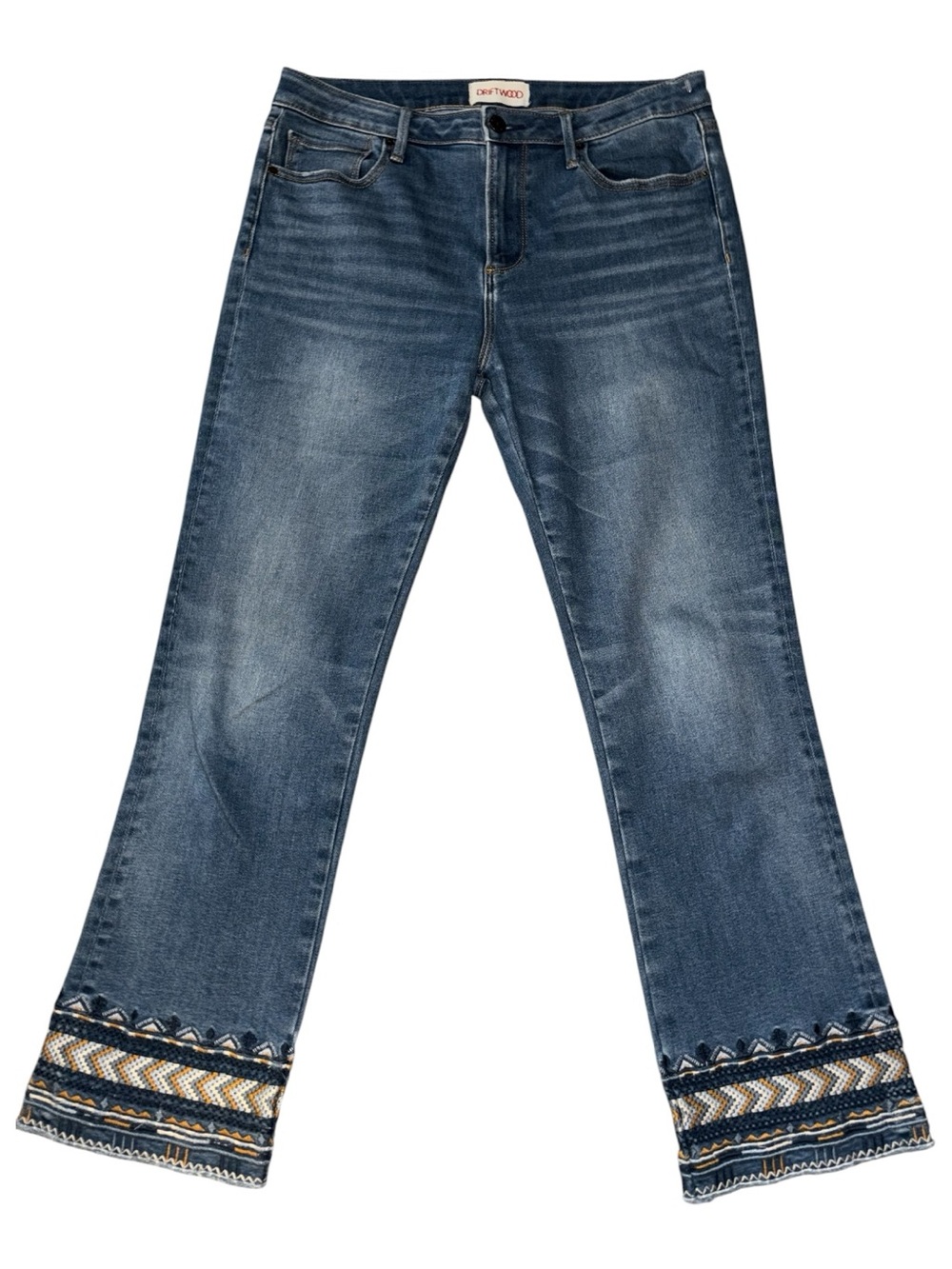 Driftwood Colette Embroidered Hem Straight Leg Jeans Blue 30 x 26 Boho Raw Edge